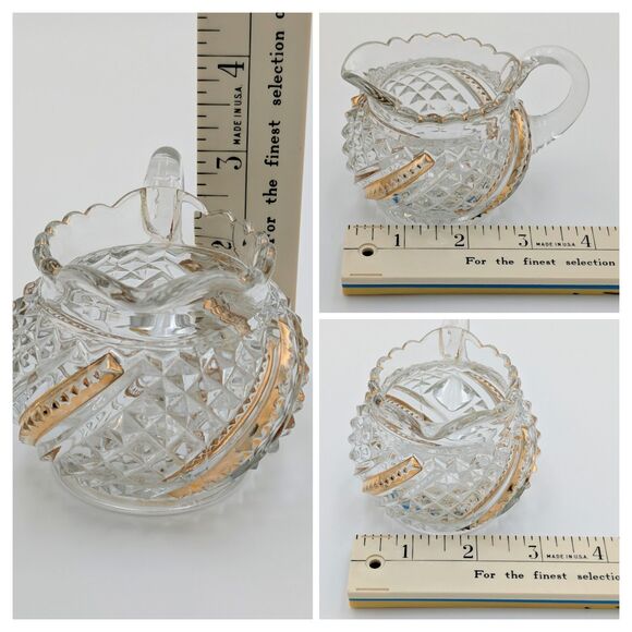 Vintage Brilliant Pressed Glass Creamer Gold Trim Diamond Star Pattern Scalloped - Picture 9 of 10